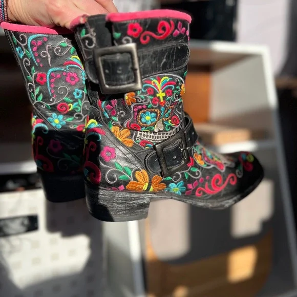 Old Gringo Klak Sugar Skull Black Leather Rainbow Biker Boots 7.5 - Picture 15 of 15